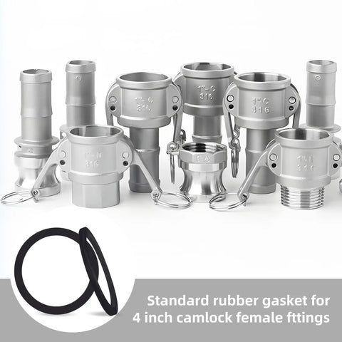 Stainless steel camlock fittings with black rubber gaskets for 4 inch camlock female fittings, oil and chemical resistant.
