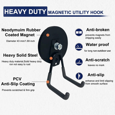 Heavy Duty Magnetic Hooks 45 Lb Capacity 2 Pack for garage wall hangers features and specifications shown.