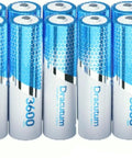 Badass 1.5v Lithium Aa Batteries 16 Pack Hella Long Lasting 3600mWh Rechargeable Cells in a stacked layout.