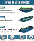 Three models of Double Camping Hammock With Mosquito Net Ultra Lightweight shown with features and uses.