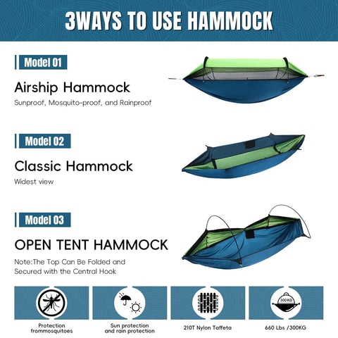 Three models of Double Camping Hammock With Mosquito Net Ultra Lightweight shown with features and uses.