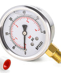 Front view of BPSSDI glycerin-filled low-pressure gauge, 2.5-inch dial, 1/4-inch NPT bottom mount, stainless steel case.