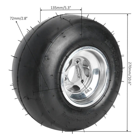 Heavy-Duty 32 Inch Rear Live Axle And Front Steering Assembly Kit For Go Karts Quads And ATVs With 4 Pack Five Inch Wheels, 1.18 Inch Thick Shaft, 420 Tooth Drive, Go Kart Seat And Hydraulic Brake System Components - close-up of slick 5-inch wheel with measurements.