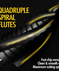 Four Spiral Flute Cobalt Step Drill Bit For Metal And Plastic, Twelve Step Unibit From Three Sixteenth To Seven Eighths Inch With M35 TiAlN Coating And One Quarter Inch Hex Shank, Impact Ready, Beast Mode Drill Bit For Stainless Steel And Aluminum displayed close-up on black background highlighting spiral flutes.