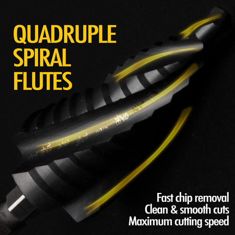 Four Spiral Flute Cobalt Step Drill Bit For Metal And Plastic, Twelve Step Unibit From Three Sixteenth To Seven Eighths Inch With M35 TiAlN Coating And One Quarter Inch Hex Shank, Impact Ready, Beast Mode Drill Bit For Stainless Steel And Aluminum displayed close-up on black background highlighting spiral flutes.