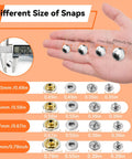 Hand holding different size metal snaps, detailed chart of measurements, including 15mm snaps for Leather Snap And Fastener Kit With Press Pliers For 15mm Metal Buttons 40 Sets In Four Colors For Fabric Threads Jackets Purses Belts And Bags DIY Craft