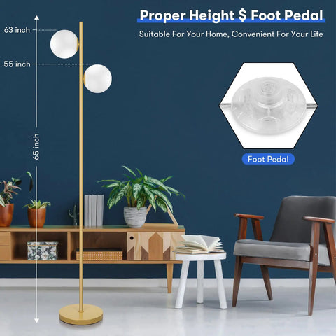 Frosted Glass Globe Floor Lamp With Contemporary LED Lighting In Antique Brass Finish, A Modern Gold Corner Pole Stand in room