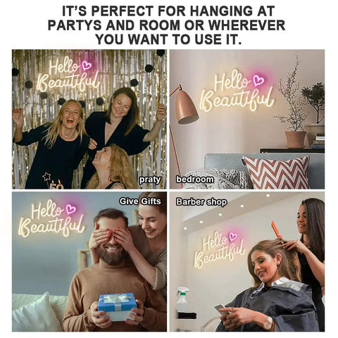 Hello Beautiful Neon Sign For Girl's Room Wall Decor With Dimmer Switch Romantic Neon Light For Weddings Valentine's Day Parties Gifts 12V Warm White With Power Adapter Included displayed in various settings.