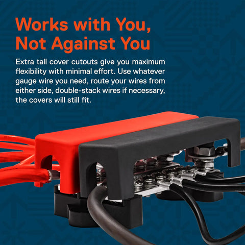 Hardcore 12V Power Distribution Terminal Block And Battery Bus Bar Kit with flexible wire cover cutouts for trucks, RVs, boats, and ATVs.