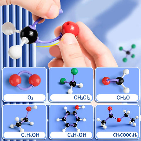 Hands assembling Organic Chemistry Molecular Model Kit Set For Classrooms And Home Study With Color Coded Atom And Bond Models