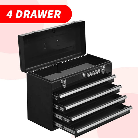 Heavy Duty Metal Tool Box With Four Drawers Portable Steel Chest With Lock And Latch Closure Black And Red Powder Coat