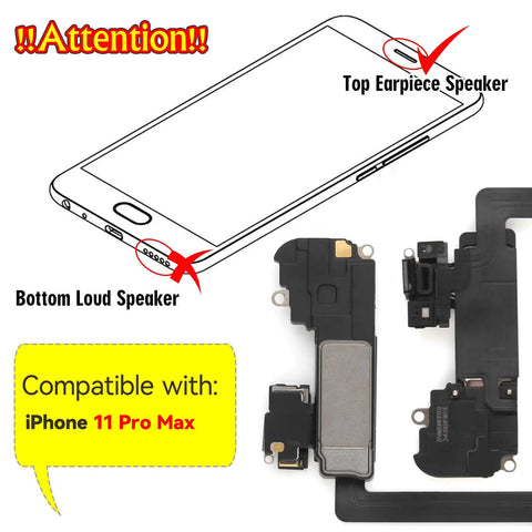Diagram showing iPhone 11 Pro Max Earpiece Speaker Replacement Kit With Proximity Sensor Flex Cable And Repair Tools for Models A2218 A2161 A2220. Easy Install And Ready To Use With Full DIY Repair Set.