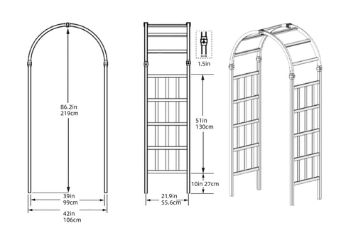 Dimensions of Weatherproof Vinyl Garden Arbor Arch 41W By 86H White Easy Assembly With Ground Anchors shown in diagram