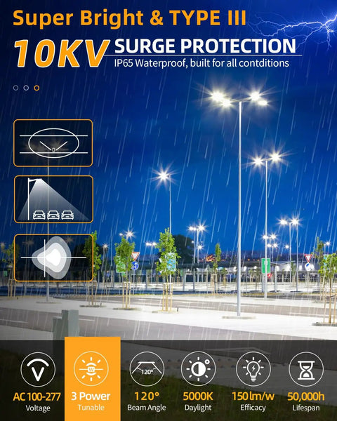 LED Parking Lot Light 150W 200W 240W Adjustable Wattage Outdoor Shoebox Flood Light With Photocell IP65 Waterproof in rainy parking lot