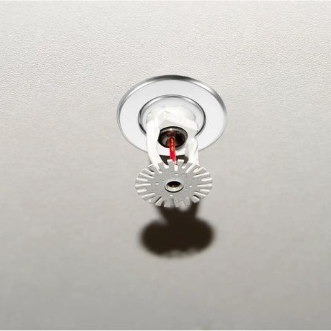18 Piece Heavy Duty Metal Sprinkler Escutcheon Plates Ceiling Fire Sprinkler Trim Ring Covers showing installed sprinkler head and trim ring.