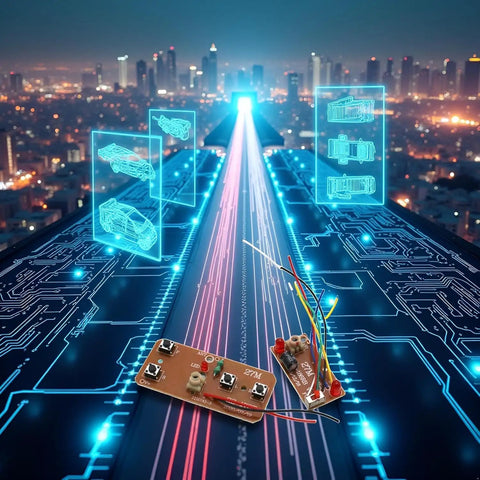 Four Way Remote Control Board For DIY Robotics With Two Way Transmitter And Receiver Maker Friendly Setup To Control Two Motors 27MHz RC Module with city backdrop.