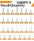 Image showing contents of All-In-One 1680-Piece High Hardness Screws, Bolts, Nuts, Nails, And Wood Screws Assortment Kit.
