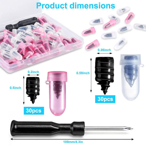 Self Service Emergency Tire Repair Kit With 60 Rubber Nail Plugs And Screwdriver, Tubeless Tire Plug Set, shown with dimensions.