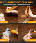 Demonstration of Cordless Mini Rotary Tool Kit 4V 23000RPM With LED Light 5 Speed 2000mAh Battery 79 Pcs Accessories For Polishing Drilling Engraving Sanding DIY Projects Orange in use for engraving, drilling, sanding, and grinding.