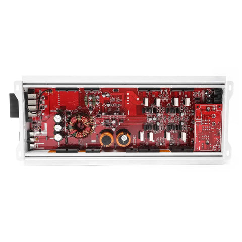 RP-75.4ABM 500 Watt Full Range Class AB 4 Channel Marine Amplifier with waterproof circuit board visible in the open chassis.