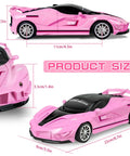 Rad Remote Control Car For Girls 1 To 18 Scale Pink Sports Racing Toy With LED Headlights Easy To Drive For Kids Ages 3 4 5 6 7 8 12 Perfect Birthday Gift, showing side and front view with dimensions.