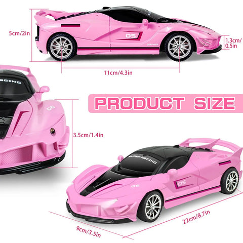 Rad Remote Control Car For Girls 1 To 18 Scale Pink Sports Racing Toy With LED Headlights Easy To Drive For Kids Ages 3 4 5 6 7 8 12 Perfect Birthday Gift, showing side and front view with dimensions.
