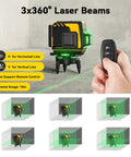 Self Leveling Laser Level With 3x360 3D Cross Lines Green Beam Rechargeable Layout Tool for Picture Hanging Construction