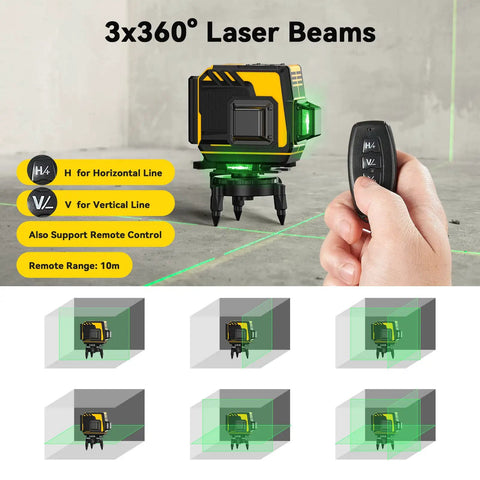 Self Leveling Laser Level With 3x360 3D Cross Lines Green Beam Rechargeable Layout Tool for Picture Hanging Construction