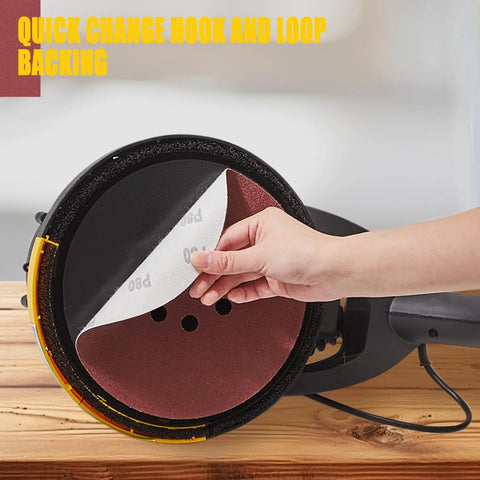 Nine Inch 10 Hole Hook And Loop Sanding Discs Set 30 Pcs Pro Grade Drywall Sander showing quick change hook and loop backing