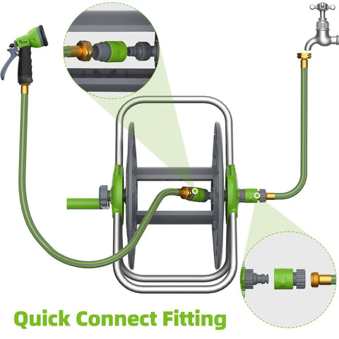 Wall Mounted Garden Hose Reel Cart Holds 65 To 100 Ft Of 5/8 Inch Hose Green Portable Hose Reel With Quick Connect Fittings