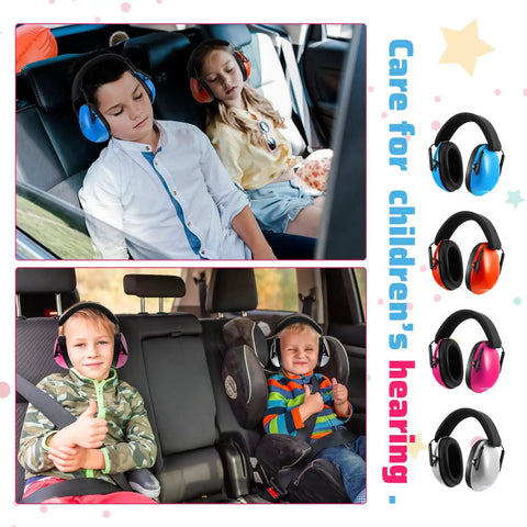 Children wearing Six Pack Kids Noise Cancelling Earmuffs 27dB Adjustable For Autism Sensory Toddlers And Children Assorted Colors Black Red Blue Light Blue Orange Silver in car