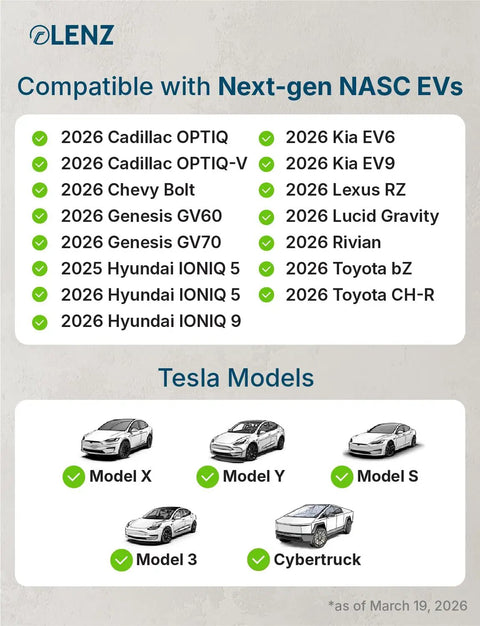 Compatibility list for J1772 To NACS EV Charger Adapter For Tesla And NACS Vehicles Works With 2026 Hyundai Kia Rivian Toyota BZ Lexus RZ Lucid