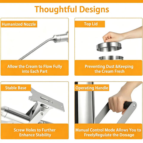 Design features of Pro Grade Donut Filler Machine 5L Manual Injector with 4 Anti Drip Pipes Stainless Steel Jelly Cream Filling.