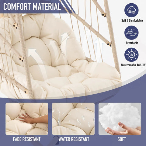 Swing Egg Chair With Stand For Indoor Outdoor Use, beige UV resistant cushion material, comfort features shown