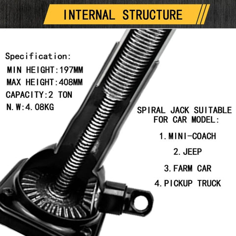 Internal structure of 2 Ton Spiral Screw Car Jack for Pickup Trucks, not hydraulic, adjustable, welded forged steel, 4,000 lb capacity.