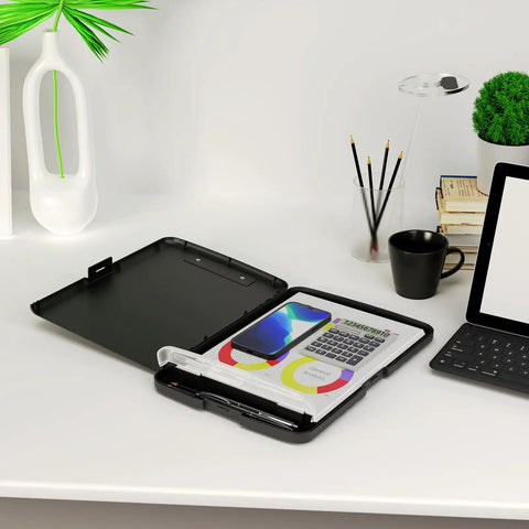 Storage Clipboard Workhorse With Built In Paper Box And Pen Holder, 8.5 X 11 opened on desk showing paper, pen, and phone storage.