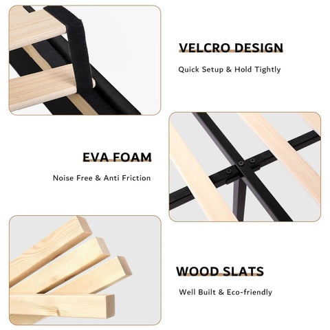 Velcro, EVA foam, and wooden slats details of Queen Upholstered Bed Frame With 16 Inch Wingback Headboard And Built In Dual Charging Station Button Tufted Platform Base Solid Wood Slat Support No Box Spring Needed Zero Hassle Setup Black.