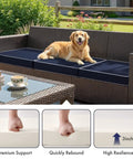 Navy Outdoor Chair Cushions Set Of 4, 18.5x16x3 Inches, Waterproof Patio Seat Cushions For Outdoor Furniture, Fade Resistant High Density Foam With Adjustable Ties, All Weather Comfort, shown on patio furniture with dog.