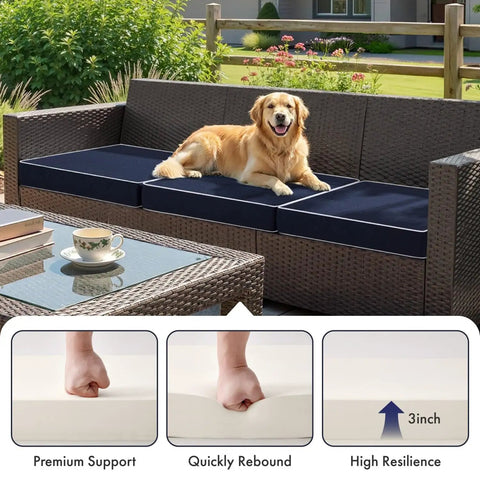 Navy Outdoor Chair Cushions Set Of 4, 18.5x16x3 Inches, Waterproof Patio Seat Cushions For Outdoor Furniture, Fade Resistant High Density Foam With Adjustable Ties, All Weather Comfort, shown on patio furniture with dog.