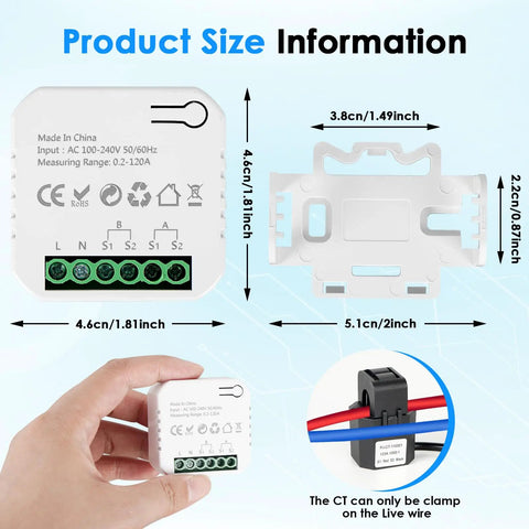 Dual Channel Home Energy Monitor With 2x120A Sensors Real Time Electricity Usage Tracking For Household Power WiFi Energy Meter size info