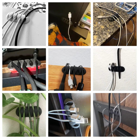 Collage of 16 Pack White Self Adhesive Cable Clips used on desks and nightstands for cable management and organization
