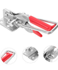 Rubber T Handle Hasp Lock for Car Hood and Toolboxes, heavy-duty, silver metal with red rubber grip, view of latch mechanism