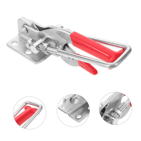 Rubber T Handle Hasp Lock for Car Hood and Toolboxes, heavy-duty, silver metal with red rubber grip, view of latch mechanism