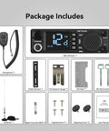 Long Range DIN Mount CB Radio Kit With NRC Noise Canceling Technology setup includes radio, microphone, antenna, and mounting accessories.