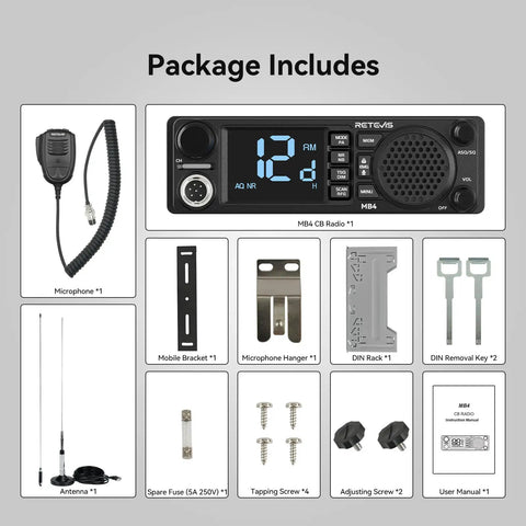 Long Range DIN Mount CB Radio Kit With NRC Noise Canceling Technology setup includes radio, microphone, antenna, and mounting accessories.