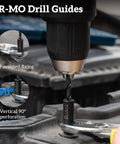 Close-up of a 24 Piece Broken Bolt Extractor Kit With Left Hand Drill Bits Screw Extractors And Drill Bit Guides For Stripped Head Screws And Nuts Heavy Duty Auto Repair And Home Improvement Set in use with CR-MO drill guides.