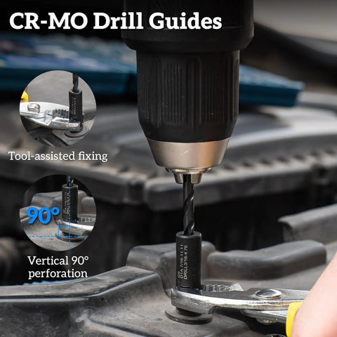 Close-up of a 24 Piece Broken Bolt Extractor Kit With Left Hand Drill Bits Screw Extractors And Drill Bit Guides For Stripped Head Screws And Nuts Heavy Duty Auto Repair And Home Improvement Set in use with CR-MO drill guides.