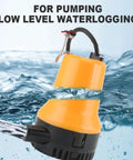 Rugged Submersible DC Water Pump 45W Copper Motor Pushes 1110 Gph Fast to Dump Pools Dry Out Basements Empty Boats Handle Bilge Sump Backup Emergency Utility Jobs in water.