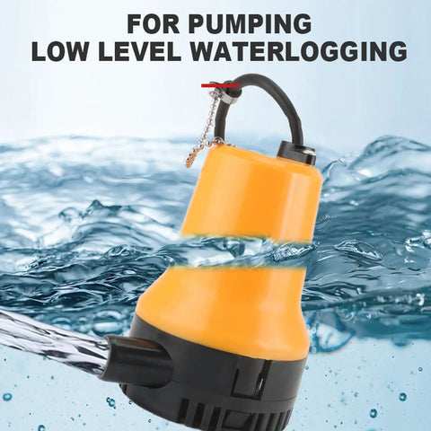 Rugged Submersible DC Water Pump 45W Copper Motor Pushes 1110 Gph Fast to Dump Pools Dry Out Basements Empty Boats Handle Bilge Sump Backup Emergency Utility Jobs in water.