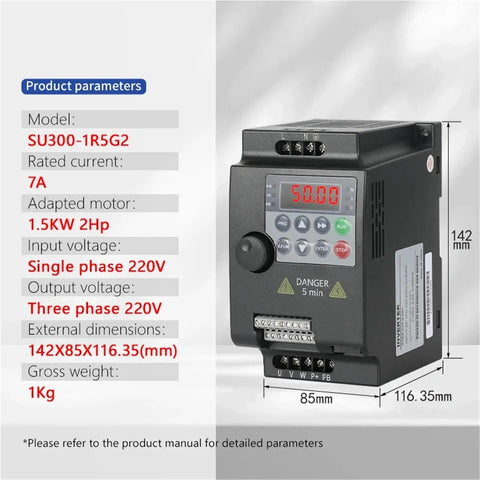 Pro Grade Bang for Buck Variable Frequency Drive VFD 0.75 To 5.5 KW 220 To 380V Inverter For Three Phase Motors, Speed Controller, 1PH To 3PH Ready, 1.5KW Version For DIY And Pro Shops., 1.5KW 220V single-phase VFD, 142 x 85 x 116.35 mm